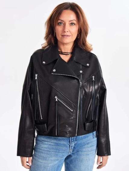 Женская кожаная короткая куртка косуха премиум класса 3051, черная, размер 46, артикул 23430-5