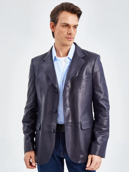 Мужской кожаный пиджак на ручном стежке премиум класса 543, синий, размер 48, артикул 27320-0