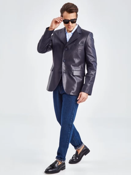 Мужской кожаный пиджак на ручном стежке премиум класса 543, синий, размер 48, артикул 27320-5
