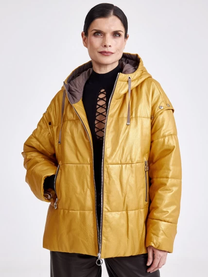 Утепленная женская кожаная куртка оверсайз с капюшоном премиум класса 3023, желтая, размер 44, артикул 23390-3