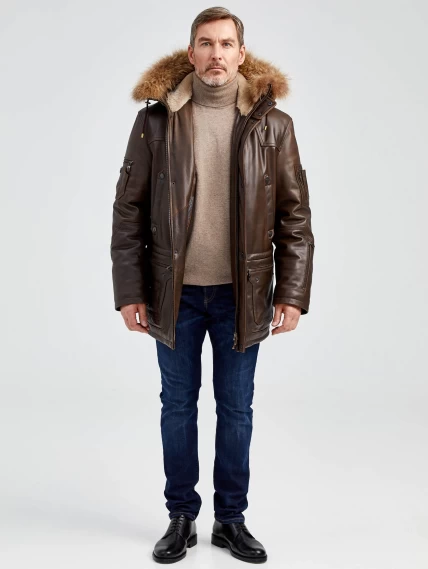 Утепленная мужская кожаная куртка аляска с мехом енота Алекс, светло-коричневая, размер 44, артикул 40450-4
