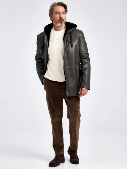 Кожаная утепленная мужская куртка с капюшоном премиум класса 552ш, хаки, размер 48, артикул 29590-1