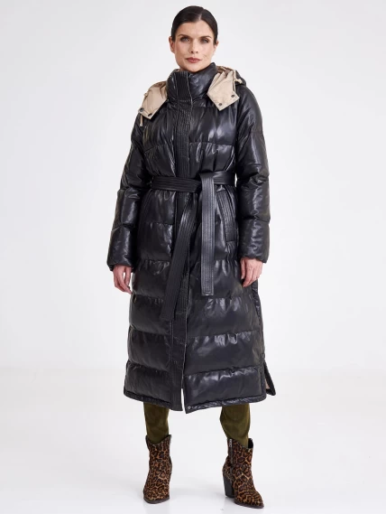 Стеганное кожаное пальто с капюшоном премиум класса для женшин 3024, черное, размер 44, артикул 25420-5