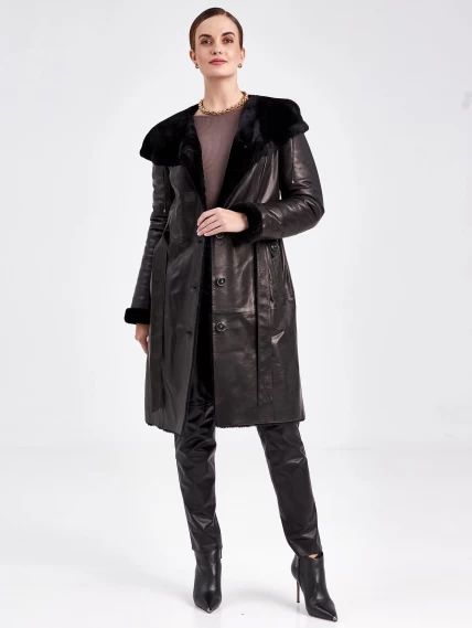 Кожаный плащ зимний женский 392мех, с капюшоном, с поясом, черный, размер 48, артикул 92070-1
