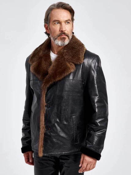 Кожаная зимняя мужская куртка с воротником меха соболя премиум класса 4365, черная, размер 58, артикул 40670-6