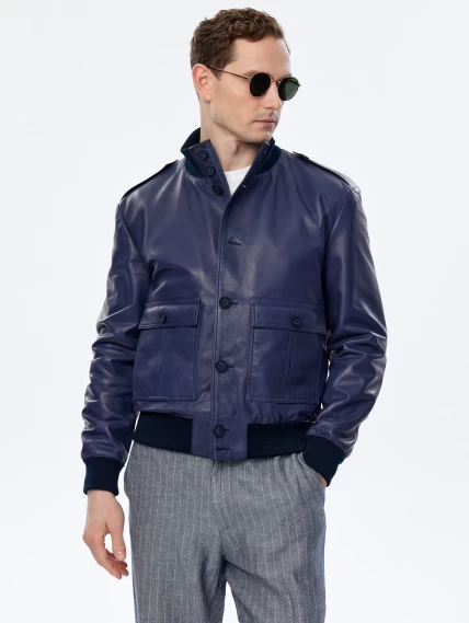 Мужская кожаная куртка бомбер премиум класса Роми, синяя, размер 50, артикул 29720-0