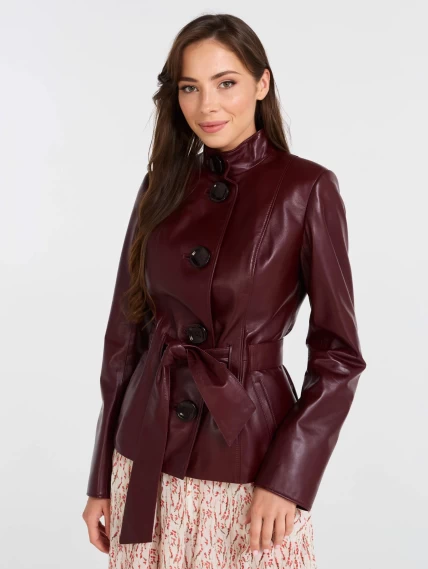 Кожаная женская куртка с поясом 334, бордовая, размер 44, артикул 90521-0