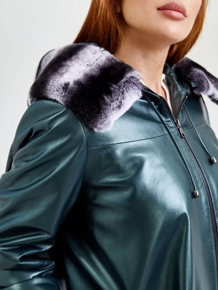 Кожаная женская куртка с капюшоном и мехом "рекса" 308уш, зеленый, размер 54, артикул 91751-4