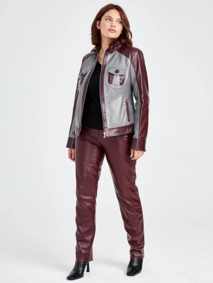 Кожаный комплект женский: Куртка 341 + Брюки 02, серый/бордовый, размер 42, артикул 111170-0