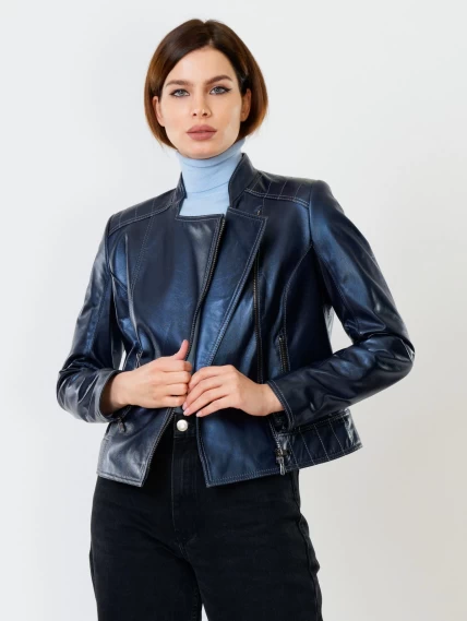 Кожаная куртка косуха женская 300, синий перламутр, размер 52, артикул 90991-0