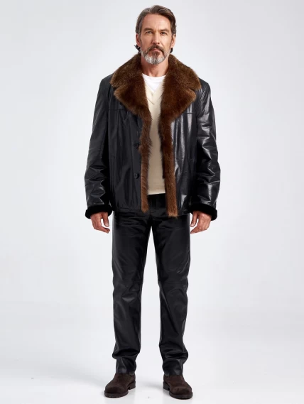Кожаная зимняя мужская куртка с воротником меха соболя премиум класса 4365, черная, размер 58, артикул 40670-1