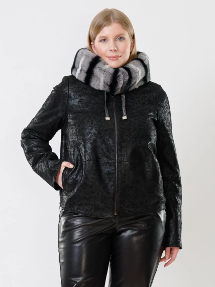 Короткая замшевая утепленная женская куртка с мехом "рекса" 308ш, черная, размер 46, артикул 23731-5