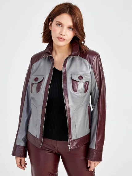 Кожаный комплект женский: Куртка 341 + Брюки 02, серый/бордовый, размер 42, артикул 111170-5