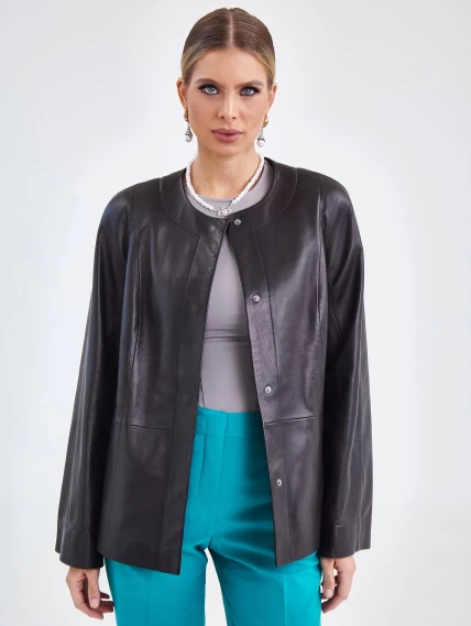 Кожаная женская куртка без воротника с поясом 3019, черная, размер 48, артикул 92110-5