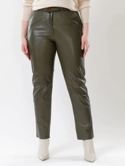 Кожаные прямые женские брюки из натуральной кожи 04, оливковые, размер 46, артикул 85530-5