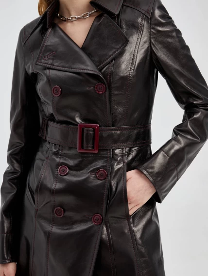 Двубортный кожаный женский френч с поясом 321, черный, размер 40, артикул 91670-2