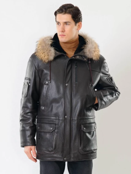 Утепленная мужская кожаная куртка аляска с мехом енота Алекс, коричневая, размер 52, артикул 40300-5