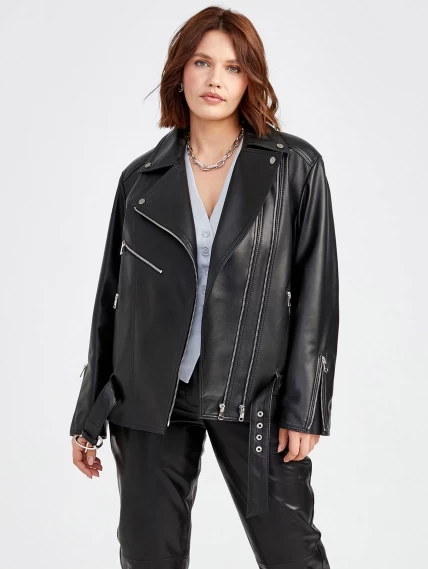 Кожаная женская куртка косуха с поясом 3013, черная, размер 48, артикул 91561-2