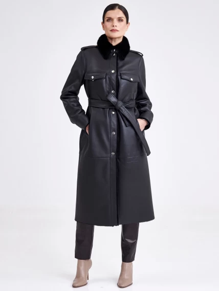 Женское пальто рубашка с воротником из меха норки премиум класса 2016, черная, размер 44, артикул 63620-3