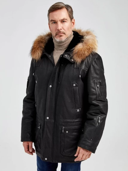 Утепленная мужская кожаная куртка аляска с мехом енота Алекс, черная DS, размер 52, артикул 40441-0