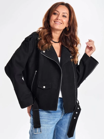 Короткая кожаная куртка косуха с поясом для женщин премиум класса 3052, черная, размер 44, артикул 23440-1