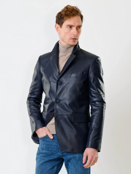 Мужской кожаный пиджак на ручном стежке премиум класса 543, синий, размер 48, артикул 28441-6