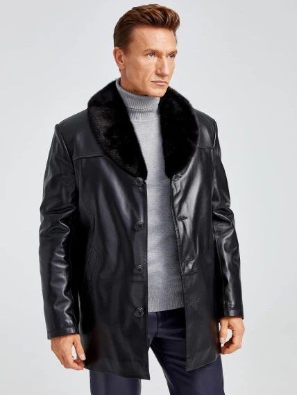 Мужская зимняя кожаная куртка с норковым воротником премиум класса 534мех, черная, размер 50, артикул 40401-0