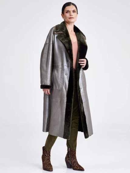 Женское двустороннее пальто из меховой овчины с норковым воротником премиум класса 2017, хаки, размер 44, артикул 13760-4
