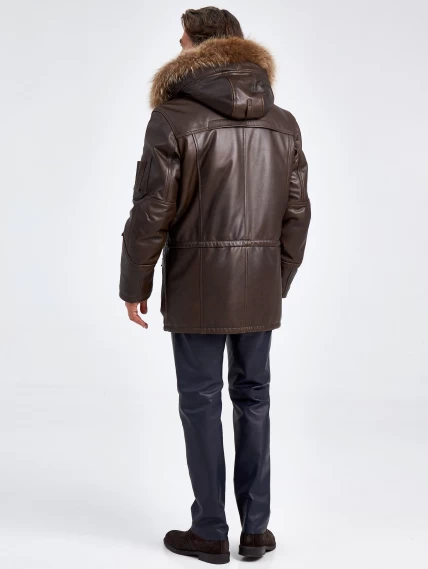 Утепленная мужская кожаная куртка аляска с мехом енота Алекс, темно-коричневая, размер 48, артикул 40721-2