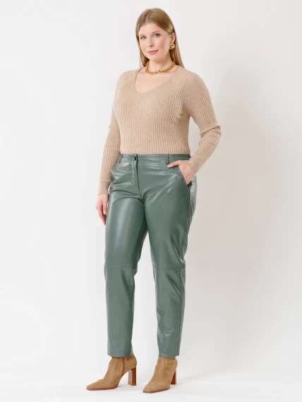 Кожаные зауженные женские брюки из натуральной кожи 03, оливковые, размер 44, артикул 85381-0