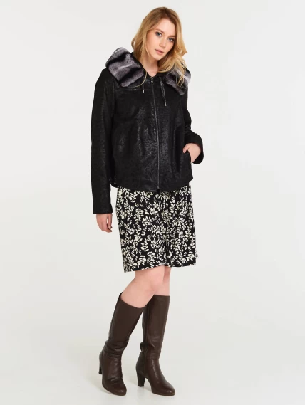 Короткая замшевая утепленная женская куртка с мехом "рекса" 308ш, черная, размер 46, артикул 23620-3