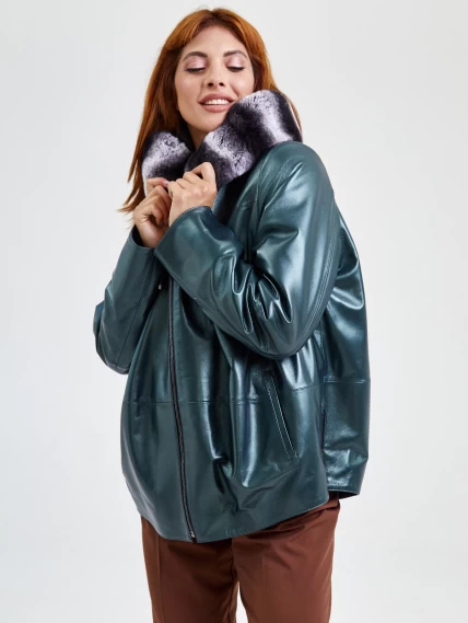 Кожаная женская куртка с капюшоном и мехом "рекса" 308уш, зеленый, размер 54, артикул 91751-6