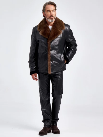 Кожаная зимняя мужская куртка с воротником меха соболя премиум класса 4365, черная, размер 58, артикул 40670-5