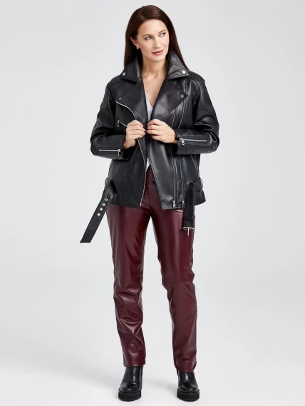 Кожаный комплект женский: Куртка 3013 + Брюки 02, черный/бордовый, размер 46, артикул 111147-0