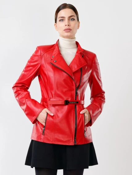 Женская кожаная куртка косуха поясом 320(нв), красная, размер 44, артикул 90731-0