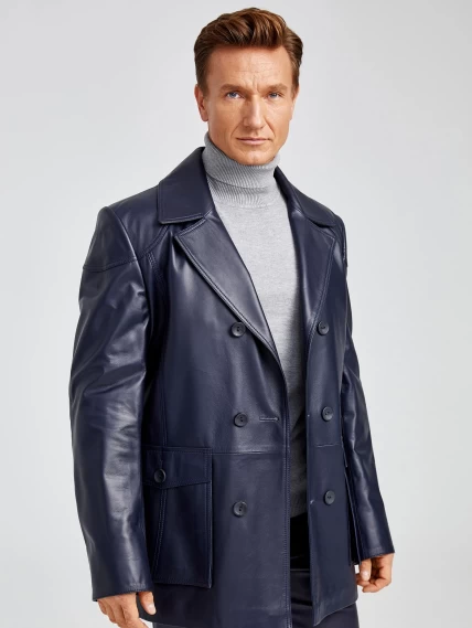 Двубортная мужская кожаная куртка бушлат 549, синяя, размер 50, артикул 28881-1