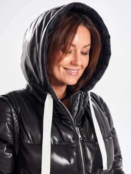Утепленная стеганная кожаная куртка с капюшоном премиум класса для женщин 3077, черный, размер 46, артикул 23890-7
