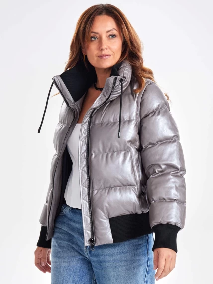 Утепленная стеганная кожаная куртка бомбер премиум класса для женщин 3074, серая, размер 44, артикул 23900-1