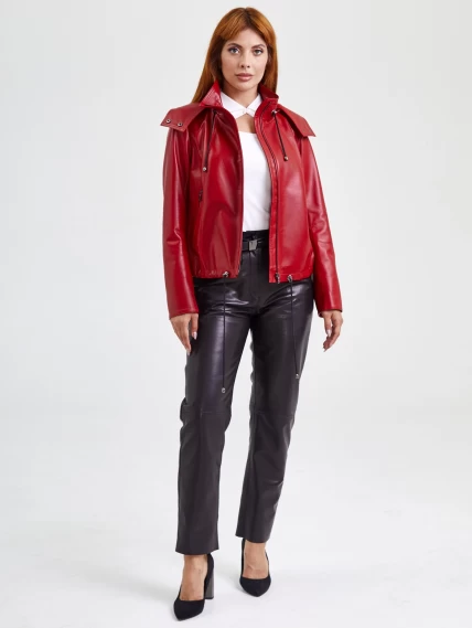 Кожаная женская куртка бомбер с капюшоном 305, красная, размер 48, артикул 91741-3