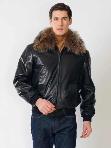 Мужская утепленная кожаная куртка бомбер на резинке с енотовым воротником Мауро-зима, черная, размер 52, артикул 40320-6
