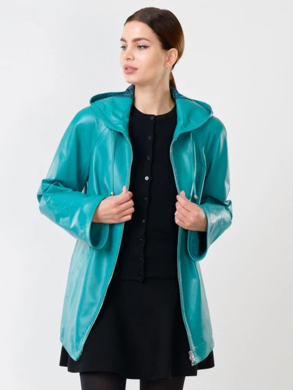 Кожаная женская куртка оверсайз с капюшоном 383, бирюзовая, размер 52, артикул 90740-1