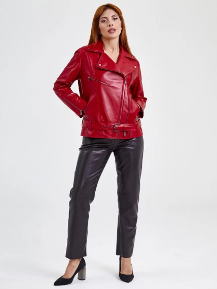 Кожаная женская куртка косуха с поясом 3013, красная, размер 48, артикул 91710-6