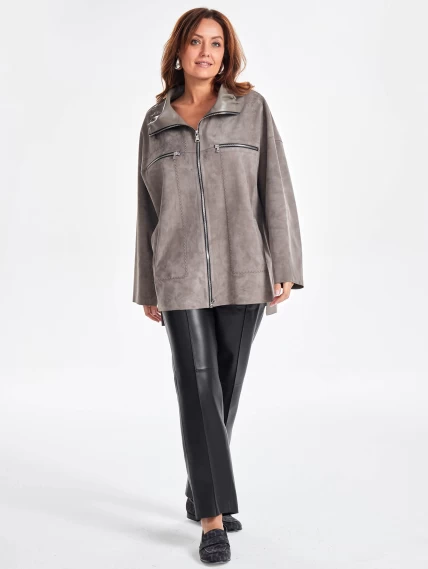 Замшевая женская куртка оверсайз на молнии премиум класса 3055з, серая, размер 50, артикул 23500-4