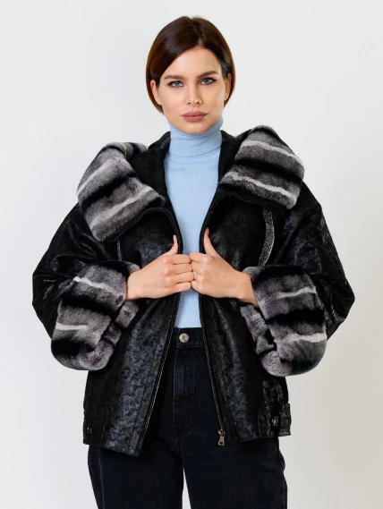 Замшевая утепленная женская куртка с мехом "рекса" 397ш, черная, размер 48, артикул 91090-0