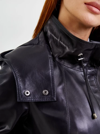 Кожаная женская куртка бомбер с капюшоном 305, черная, размер 50, артикул 91761-2