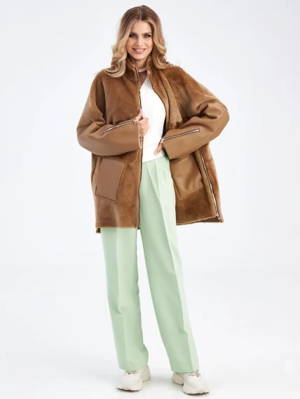 Молодежная женская куртка из овчины премиум класса 2035, коричневая, размер 46, артикул 63530-5