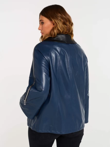 Кожаная женская куртка оверсайз 385, синяя, размер 48, артикул 90400-2