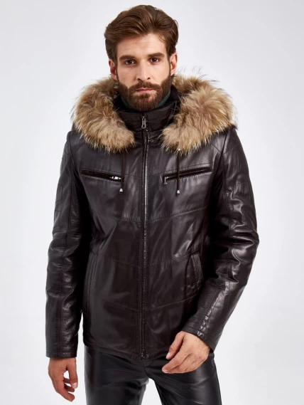 Кожаная зимняя мужская куртка с капюшоном на подкладке из овчины 4273, черная, размер 50, артикул 29460-3
