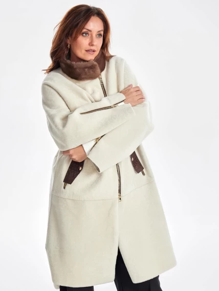 Женское пальто из овчины с воротником из меха норки премиум класса 2022, белое, размер 50, артикул 63300-5