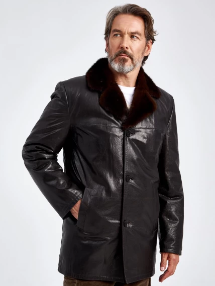 Зимняя мужская кожаная куртка на подкладке из овчины с воротником меха норки премиум класса 5450, коричневая, размер 46, артикул 40640-0